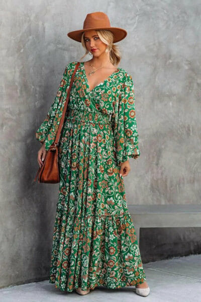 MAXI Boho-Kleid grün mit Blumen