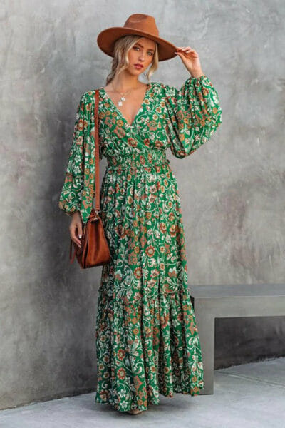 MAXI Boho-Kleid grün mit Blumen